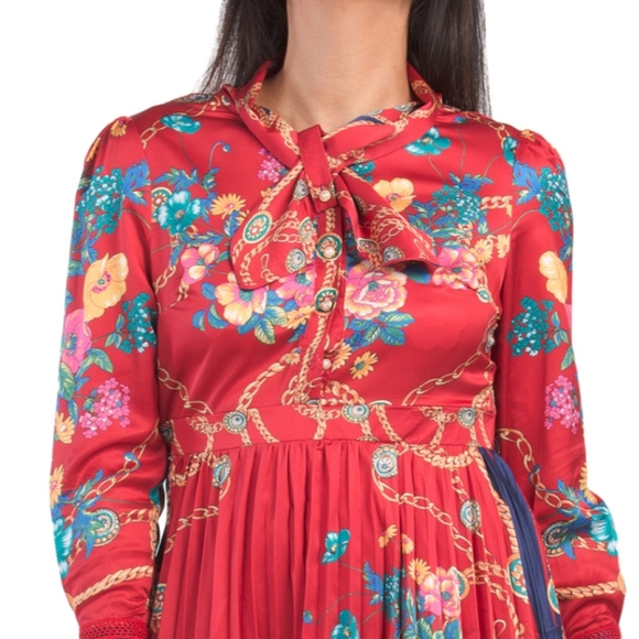 dalia macphee tie neck pleat skirt border printed dress